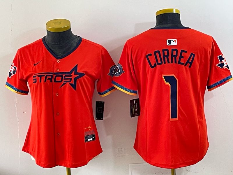 Youth 2025 Houston Astros #1 Correa Orange Four generations Joint Name Nike MLB Jersey style 02